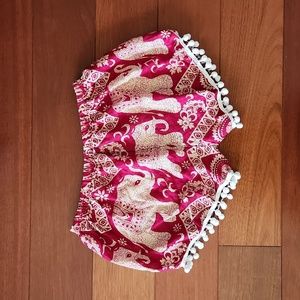 NWOT Red/cream elephant shorts with pom-pom hems. Size S.